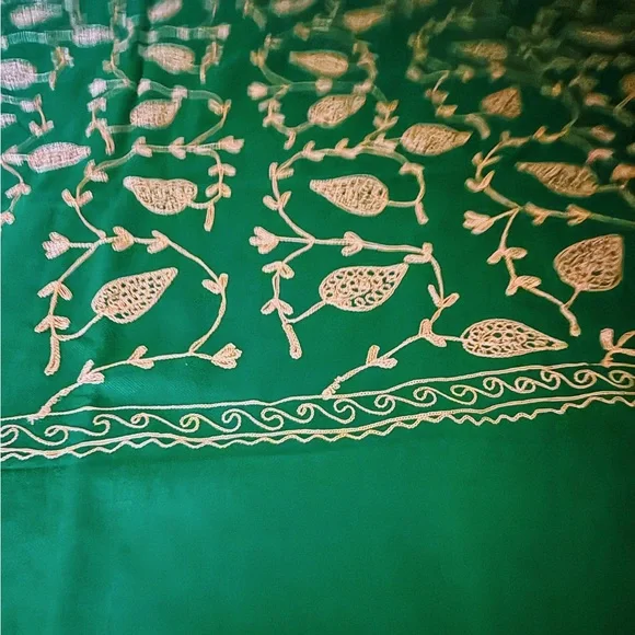 Kashmiri Luxurious Green and Gold Embroidered scarf/Throw Blanket